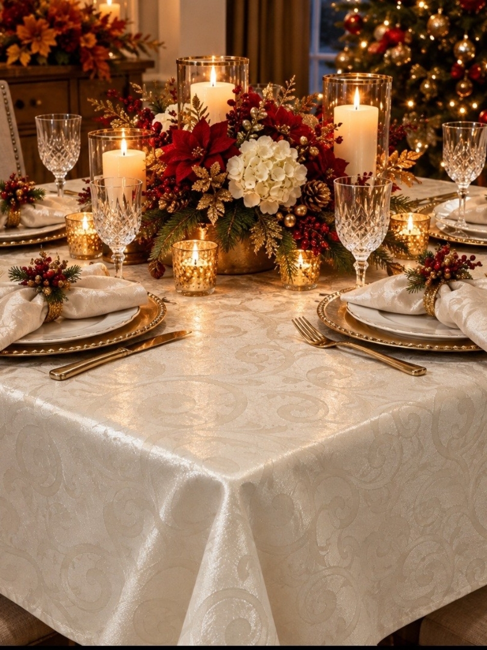 Elegant Cream Shimmer Holiday Cottagecore Jacquard Damask Tablecloth for Dining